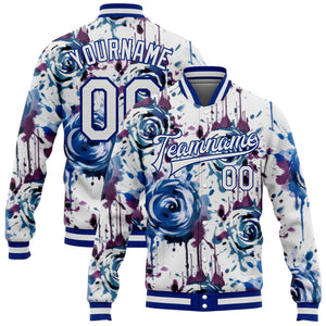 Custom White Royal Drip Painting Rose 3D Pattern Design Bomber Full-Snap Varsity Letterman Jacket