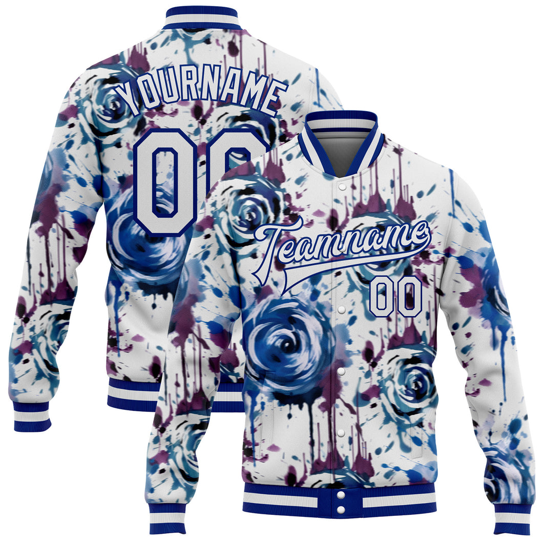 Custom White Royal Drip Painting Rose 3D Pattern Design Bomber Full-Snap Varsity Letterman Jacket