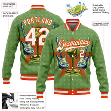 Load image into Gallery viewer, Custom Green White-Orange Guitar Music Festival 3D Pattern Design Bomber Full-Snap Varsity Letterman Jacket
