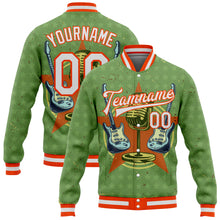 Load image into Gallery viewer, Custom Green White-Orange Guitar Music Festival 3D Pattern Design Bomber Full-Snap Varsity Letterman Jacket
