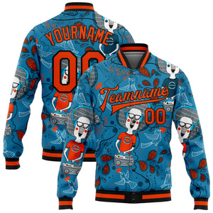 Custom Powder Blue Orange-Black Casual Music Festival 3D Pattern Design Bomber Full-Snap Varsity Letterman Jacket