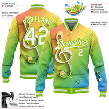 Загрузить изображение в средство просмотра галереи, Custom Neon Green White Music Festival 3D Pattern Design Bomber Full-Snap Varsity Letterman Jacket
