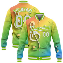 Загрузить изображение в средство просмотра галереи, Custom Neon Green White Music Festival 3D Pattern Design Bomber Full-Snap Varsity Letterman Jacket
