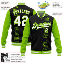 Load image into Gallery viewer, Custom Black White-Neon Green Music Festival 3D Pattern Design Bomber Full-Snap Varsity Letterman Jacket
