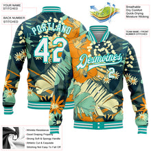 Load image into Gallery viewer, Custom Navy White-Aqua Flowers 3D Pattern Design Bomber Full-Snap Varsity Letterman Jacket
