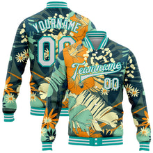 Load image into Gallery viewer, Custom Navy White-Aqua Flowers 3D Pattern Design Bomber Full-Snap Varsity Letterman Jacket
