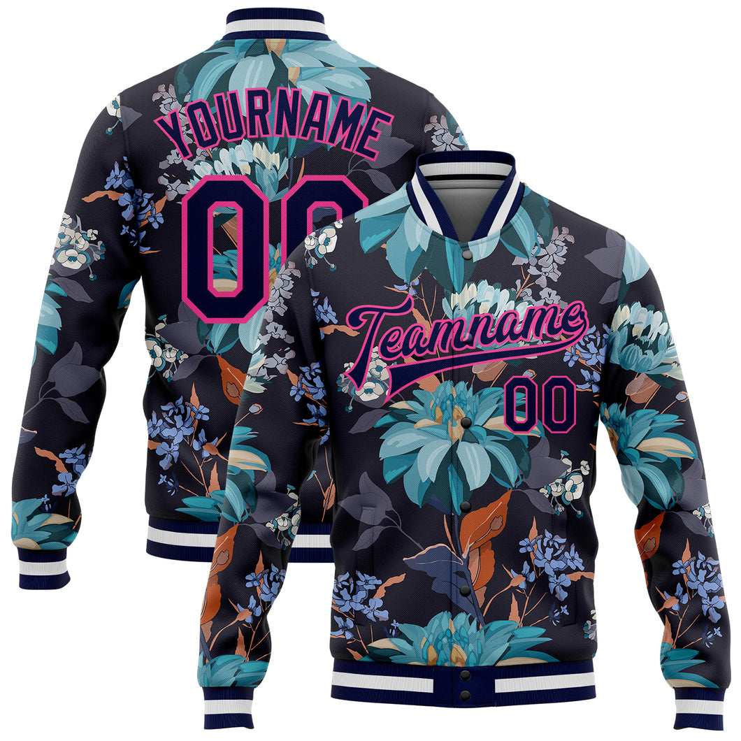 Custom Navy Pink Flowers 3D Pattern Design Bomber Full-Snap Varsity Letterman Jacket