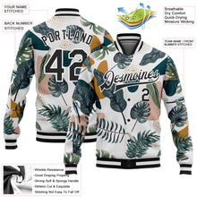 Load image into Gallery viewer, Custom White Black Leaves 3D Pattern Design Bomber Full-Snap Varsity Letterman Jacket
