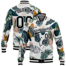 Load image into Gallery viewer, Custom White Black Leaves 3D Pattern Design Bomber Full-Snap Varsity Letterman Jacket
