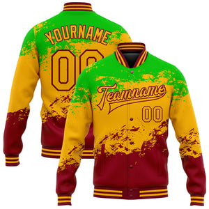 Custom Green Gold-Crimson Black History Month 3D Pattern Design Bomber Full-Snap Varsity Letterman Jacket