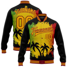 Charger l&#39;image dans la galerie, Custom Black Gold-Crimson Black History Month Hawaii Palm Trees 3D Bomber Full-Snap Varsity Letterman Jacket
