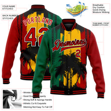 Загрузить изображение в средство просмотра галереи, Custom Gold Red Black-Kelly Green Black History Month Hawaii Palm Trees 3D Bomber Full-Snap Varsity Letterman Jacket
