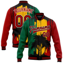 Загрузить изображение в средство просмотра галереи, Custom Gold Red Black-Kelly Green Black History Month Hawaii Palm Trees 3D Bomber Full-Snap Varsity Letterman Jacket
