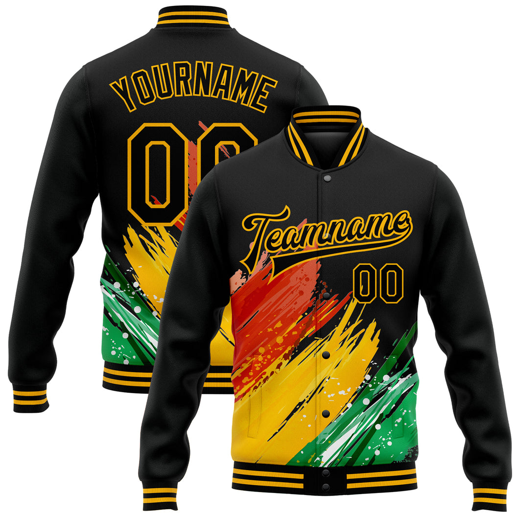 Custom Black Gold Red-Kelly Green Black History Month 3D Pattern Design Bomber Full-Snap Varsity Letterman Jacket