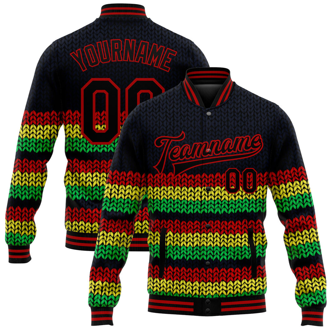 Custom Black Red Kelly Green-Gold Black History Month 3D Pattern Design Bomber Full-Snap Varsity Letterman Jacket