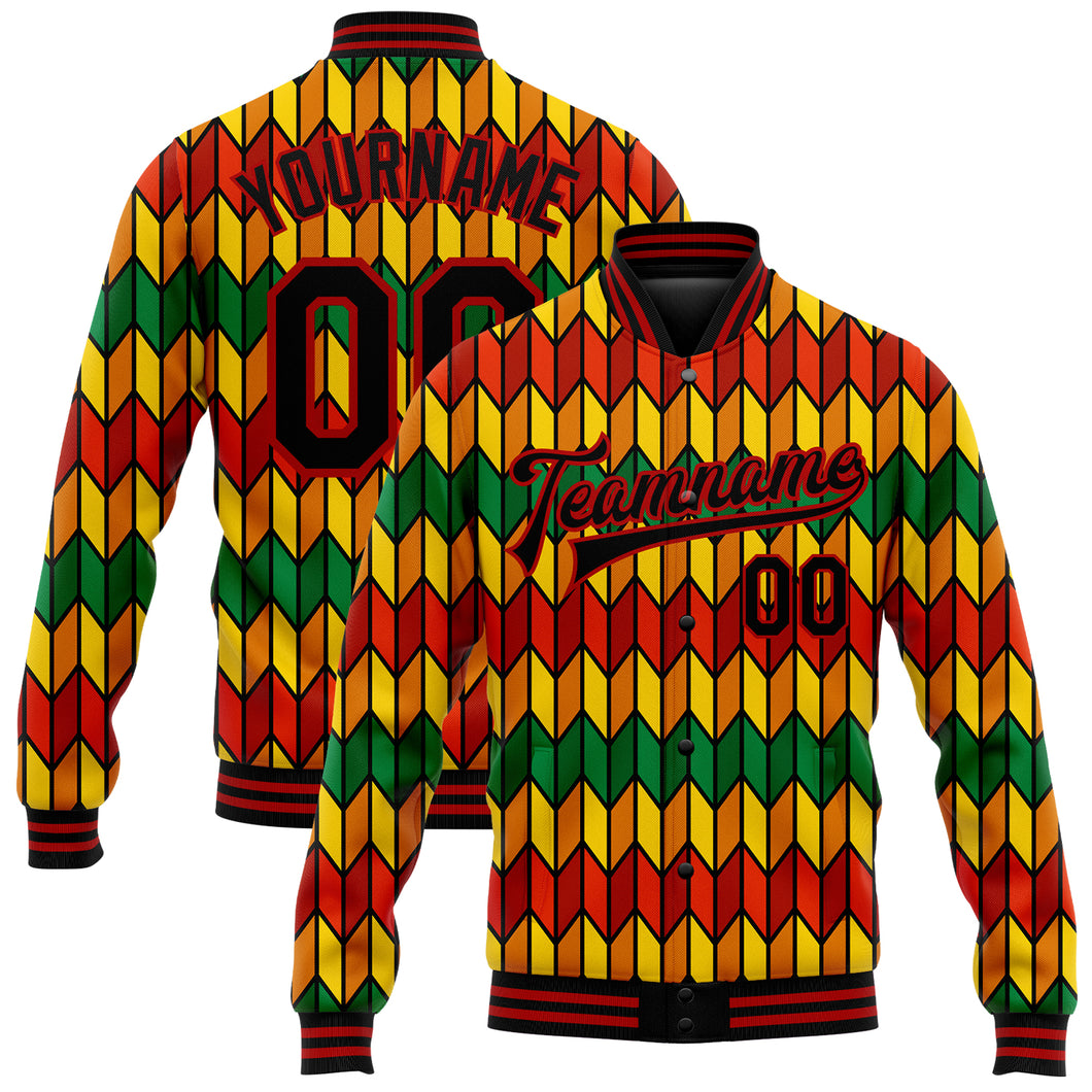 Custom Red Black Kelly Green-Gold Black History Month 3D Pattern Design Bomber Full-Snap Varsity Letterman Jacket