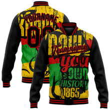 Load image into Gallery viewer, Custom Black Red Gold-Kelly Green Black History Month 3D Pattern Design Bomber Full-Snap Varsity Letterman Jacket
