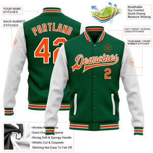 Custom Kelly Green Orange-White Bomber Full-Snap Varsity Letterman Two Tone Jacket