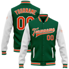 Загрузить изображение в средство просмотра галереи, Custom Kelly Green Orange-White Bomber Full-Snap Varsity Letterman Two Tone Jacket
