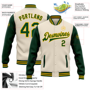 Custom Cream Green-Gold Bomber Full-Snap Varsity Letterman Two Tone Jacket