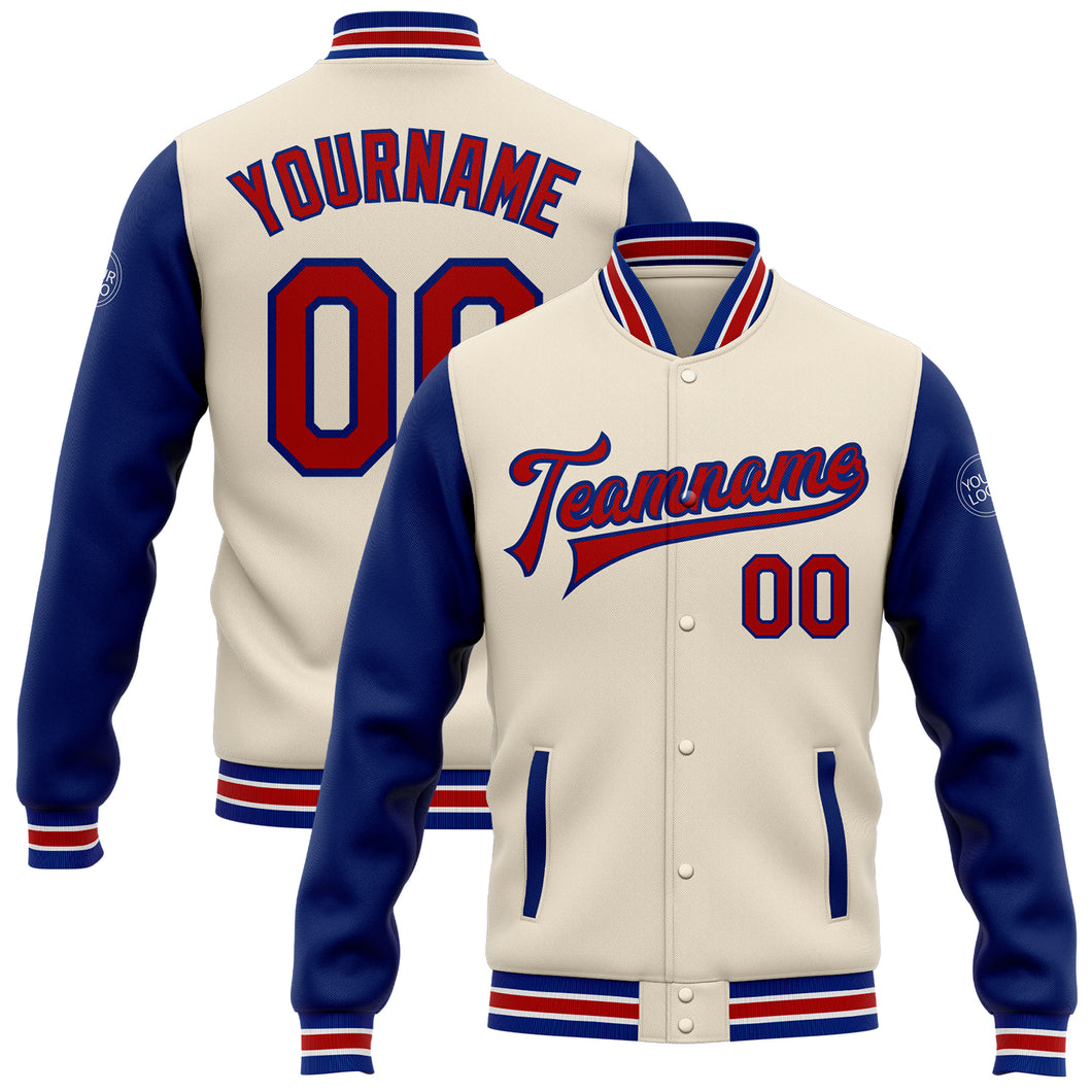 Custom Cream Red-Royal Bomber Full-Snap Varsity Letterman Two Tone Jacket