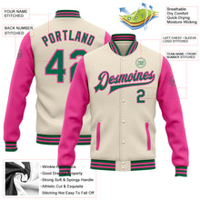 Charger l&#39;image dans la galerie, Custom Cream Kelly Green-Pink Bomber Full-Snap Varsity Letterman Two Tone Jacket
