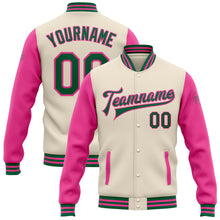 Charger l&#39;image dans la galerie, Custom Cream Kelly Green-Pink Bomber Full-Snap Varsity Letterman Two Tone Jacket
