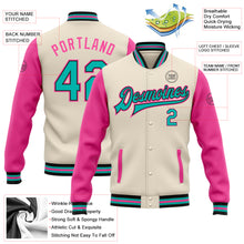 Charger l&#39;image dans la galerie, Custom Cream Aqua Black-Pink Bomber Full-Snap Varsity Letterman Two Tone Jacket
