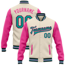 Charger l&#39;image dans la galerie, Custom Cream Aqua Black-Pink Bomber Full-Snap Varsity Letterman Two Tone Jacket
