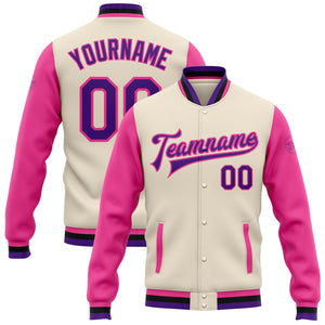 Custom Cream Aqua Purple Pink-Black Bomber Full-Snap Varsity Letterman Two Tone Jacket