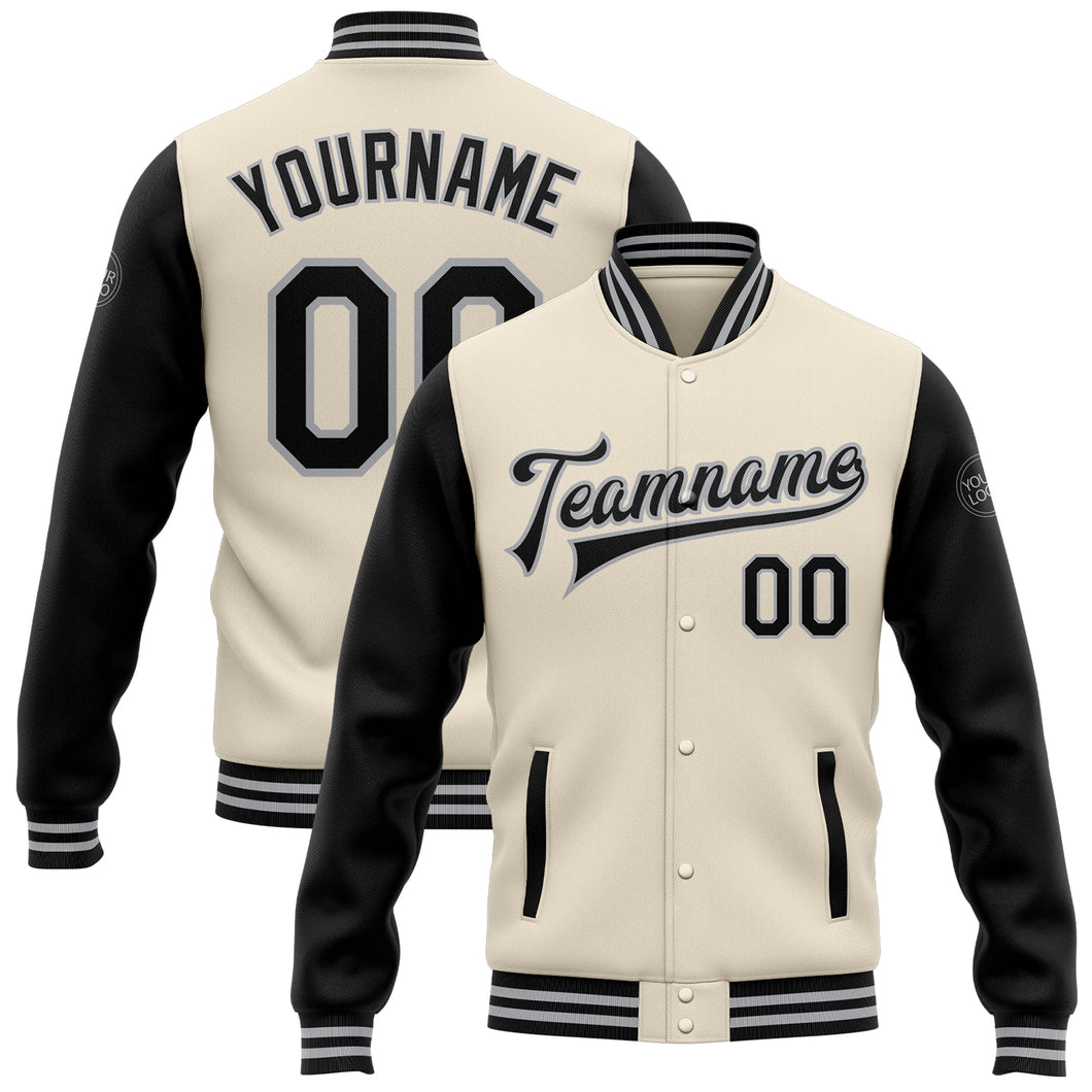 Custom Cream Black-Gray Bomber Full-Snap Varsity Letterman Two Tone Jacket