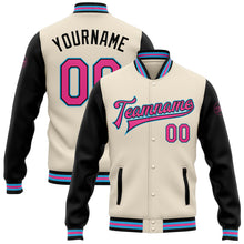 Charger l&#39;image dans la galerie, Custom Cream Pink Black-Sky Blue Bomber Full-Snap Varsity Letterman Two Tone Jacket
