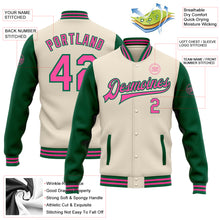 Laden Sie das Bild in den Galerie-Viewer, Custom Cream Pink-Kelly Green Bomber Full-Snap Varsity Letterman Two Tone Jacket
