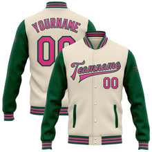 Laden Sie das Bild in den Galerie-Viewer, Custom Cream Pink-Kelly Green Bomber Full-Snap Varsity Letterman Two Tone Jacket
