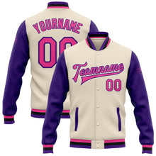 Laden Sie das Bild in den Galerie-Viewer, Custom Cream Pink Purple-Black Bomber Full-Snap Varsity Letterman Two Tone Jacket
