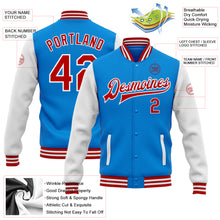 Laden Sie das Bild in den Galerie-Viewer, Custom Powder Blue Red-White Bomber Full-Snap Varsity Letterman Two Tone Jacket
