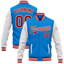 Laden Sie das Bild in den Galerie-Viewer, Custom Powder Blue Red-White Bomber Full-Snap Varsity Letterman Two Tone Jacket
