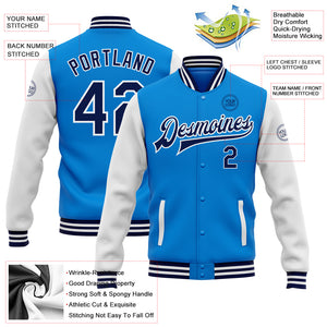 Custom Electric Blue Navy-White Bomber Full-Snap Varsity Letterman Two Tone Jacket