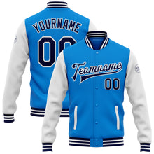 Load image into Gallery viewer, Custom Electric Blue Navy-White Bomber Full-Snap Varsity Letterman Two Tone Jacket
