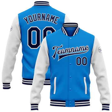 Custom Powder Blue Navy-White Bomber Full-Snap Varsity Letterman Two Tone Jacket