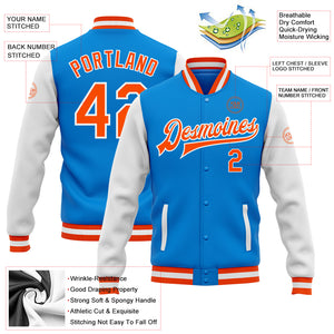 Custom Electric Blue Orange-White Bomber Full-Snap Varsity Letterman Two Tone Jacket