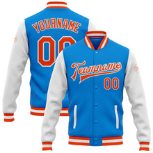 Load image into Gallery viewer, Custom Electric Blue Orange-White Bomber Full-Snap Varsity Letterman Two Tone Jacket
