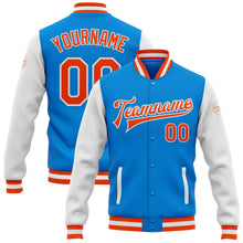 Загрузить изображение в средство просмотра галереи, Custom Powder Blue Orange-White Bomber Full-Snap Varsity Letterman Two Tone Jacket
