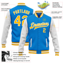 Load image into Gallery viewer, Custom Electric Blue Gold-White Bomber Full-Snap Varsity Letterman Two Tone Jacket
