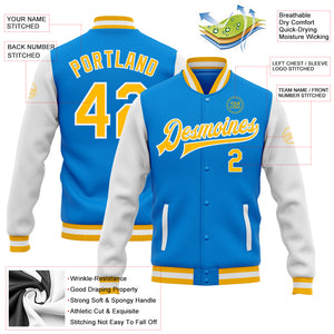 Custom Electric Blue Gold-White Bomber Full-Snap Varsity Letterman Two Tone Jacket