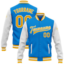 Load image into Gallery viewer, Custom Electric Blue Gold-White Bomber Full-Snap Varsity Letterman Two Tone Jacket
