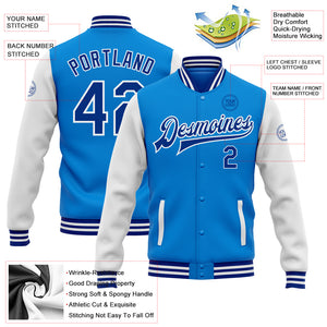 Custom Powder Blue Royal-White Bomber Full-Snap Varsity Letterman Two Tone Jacket