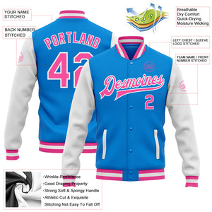 Custom Powder Blue Pink-White Bomber Full-Snap Varsity Letterman Two Tone Jacket