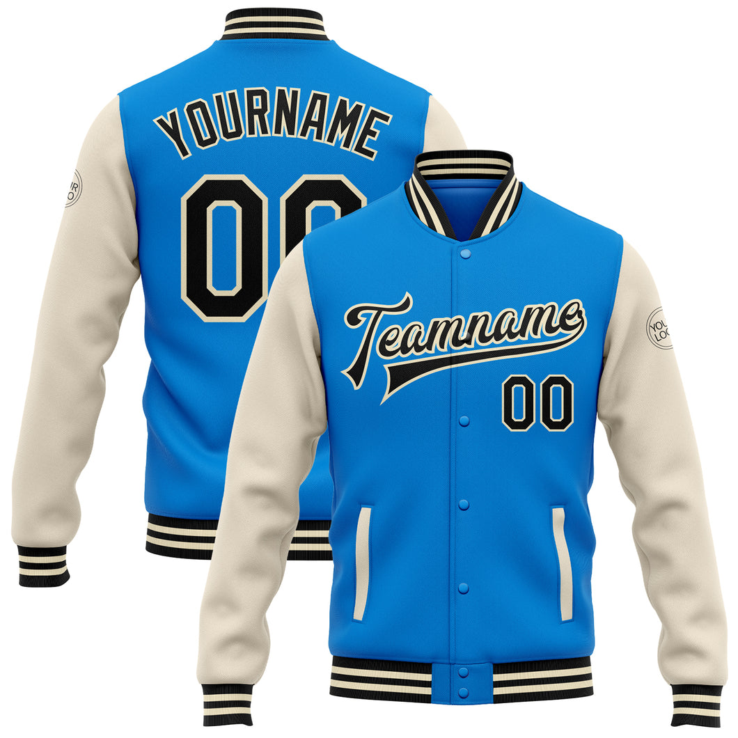 Custom Powder Blue Black-Cream Bomber Full-Snap Varsity Letterman Two Tone Jacket