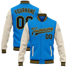 Load image into Gallery viewer, Custom Electric Blue Black Cream-Old Gold Bomber Full-Snap Varsity Letterman Two Tone Jacket
